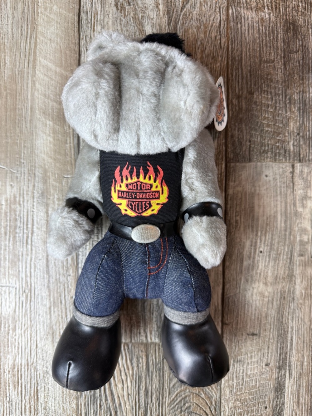 Harley-Davidson Gray Plush Bulldog with Denim Pants and Black Boots
